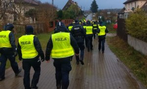 policjanci zwartą dużą grupą idą przez miejscowość i prowadzą poszukiwania