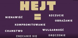 Plakat informacyjny z napisem Hejt=nienawiść, szczucie,kompromitowanie,wulgarność,znęcanie się, dręczenie