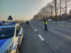 Policjant zatrzymuje pojazd do kontroli drogowej, na pierwszym planie widoczny jest radiowóz