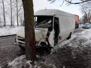 Widać brązowe drzewo i za nim samochód, który w nie uderzył. Rozbity jest cały przód samochodu.