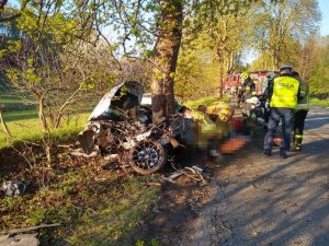 Policjant stoi po lewej stronie, tuż obok rozbitego samochodu, który zatrzymał się na drzewie. Policjant rozmawia ze strażakiem, obok znajdują się inni funkcjonariusze.