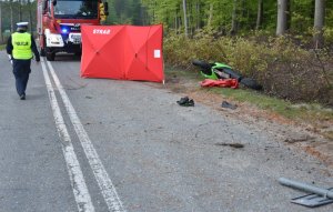 Ulicą idzie Policjantka w kierunku czerwonego parawanu, tuż obok niego na poboczu po prawej stronie leży przewrócony motocykl