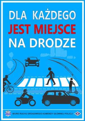 Dla każdego jest miejsce na drodze - to napis na plakacie informacyjnym. Plakat w kolorze niebieskim, na plakacie znajduje się przejście dla pieszych, pieszy, motocyklista, dwa samochody, hulajnoga i rower.