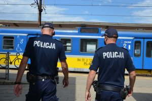 Policjanci idą w kierunku peronu , w tle stoi pociąg SKM