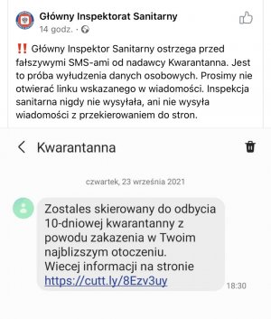 Zdjęcie to zeskanowana informacja ze strony Facebook Głównego Inspektora sanitarnego z przestrogami, że sanepid nie wysyła takich sms-ów z linkiem. Jest to ostrzeżenie aby nie wchodzić w przesyłane linki w sms- bo to jest oszustwo, aby wyłudzić nasze dane osobowe.