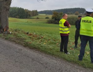 Policjant, strażak i zarząd drogowy stoją na poboczu drogi w pewnym oddaleniu przy drzewie, gdzie doszło do wypadku. Widać że rozmawiają.