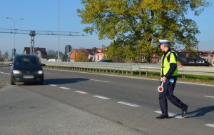 Policjant zatrzymuje samochód do kontroli drogowej.