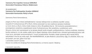 Skan maila od mieszkanki Rumi, z podziękowaniem dla policjantów, którzy zatrzymali złodzieja biżuterii oraz pasera, a także częściowo biżuterię odzyskali.