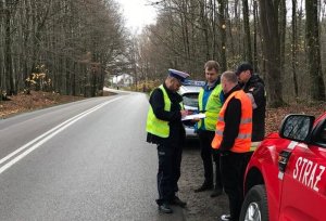 Policjant ruchu drogowego mówi coś do innych osób które stoją przed nim. Wszyscy stoją przy drodze. W tle widoczny fragment wozu straży pożarnej.