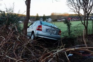 Widoczny jest samochód osobowy, który wjechał w ogrodzenie - siatkę ogrodzeniową i zarośla, krzaki .