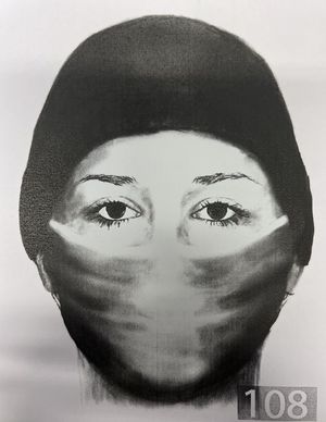 Portret pamięciowy kobiety, widoczne są oczy i brwi, na głowie czarna czapka, na twarzy maseczka