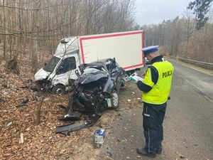 Policjant stoi przodem do rozbitych samochodów i coś notuje