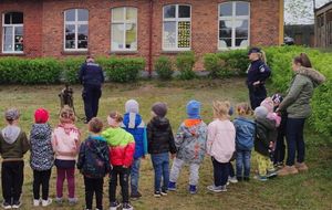 Policjant prowadzi pokaz z psem patrolwoo tropiącym a dzieci się przyglądają. Tym razem dzieci są tyłem do fotografującego.