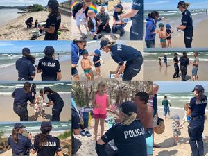 Kolaż ze zdjęciami z działań na plażach w Nadolu i Lubiatowie - policjantki rozdają opaski niezgubki na plaży
