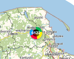 Mapa KMZB z informacją o ilości zgłoszeń po ruchu drogowym