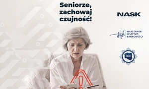 Ulotka na której jest seniorka i napis &quot;Seniorze zachowaj czujność&quot;