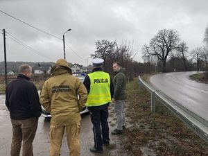 Komisja stoi na poboczu drogi , w oddali widoczne jest drzewo, w które uderzył samochód renault.