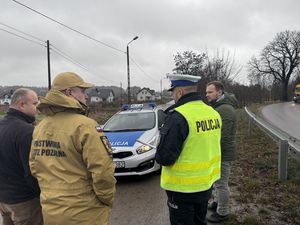 Komisja stoi na poboczu drogi , w tle widoczny jest fragment radiowozu  i w oddali widoczne jest drzewo, w które uderzył samochód renault.