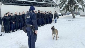 Przewodnik psa służbowego prowadzi pokaz z udziałem psa służbowego.  Uczniowie wraz z nauczycielkami się przyglądają pokazowi.