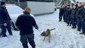 Przewodnik psa służbowego prowadzi pokaz z udziałem psa służbowego.  Uczniowie wraz z nauczycielkami się przyglądają pokazowi.