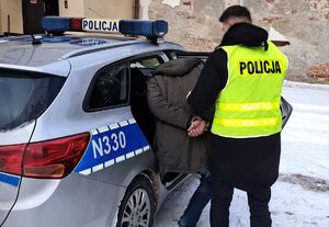 Policjant asystuje zatrzymanemu podczas wsiadania do radiowozu