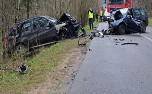 Na fotografii widzimy dwa rozbite samochody, które zderzyły się czołowo, w tle policjantka wykonuje zdjęcia samochodów, za nią stoi wóz straży pożarnej oraz inne osoby.