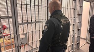 Policjant stoi przy drzwiach celi, a za nimi widać przez kraty jakąś postać, która siedzi w środku.