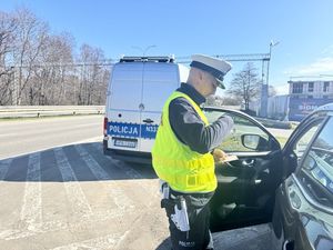 Trwa kontrola drogowa, w tle za policjantem widać policyjny radiowóz