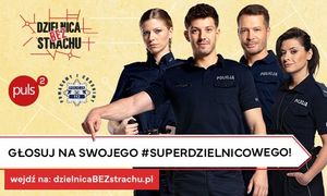 na obrazku widnieją policjanci i plakat dotyczy konkursu super dzielnicowy 2025