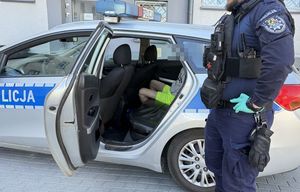 Wewnątrz samochodu siedzi kobieta, widać jej nogi a na zewnątrz przy radiowozie stoi policjant.