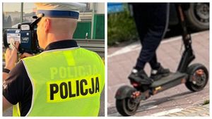 zdjęcie przedzielone na pół, po lewej stronie policjant wrd a z prawej hulajnoga elektryczna