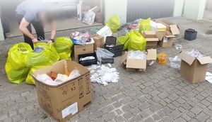 Policjant pakuje zabezpieczone towary do worków