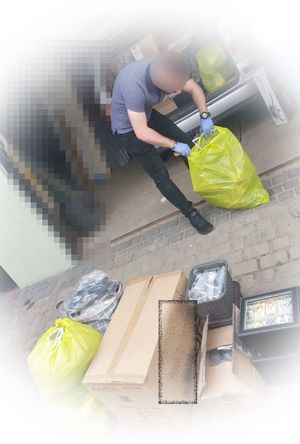 Policjant w ubiorze cywilnym pakuje rzeczy do worków