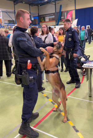 Policjant z psem służbowym w tle rozmowy pozostałych policjantów z uczestnikami targów