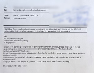 List z podziękowaniami.