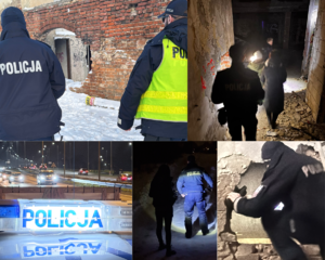 Kolaż ze zdjęć, na którym policjanci odwiedzają miejsca, w których zimą mogą przebywać osoby bezdomne.