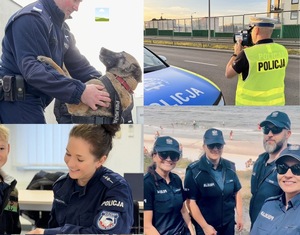Kolaż składający się z czterech różnych zdjęć policjanta przewodnika z psem, profilaktyka społecznego, czwórki policjantów realizujących zadania na plaży i policjanta wejherowskiej drogówki mierzącego prędkość