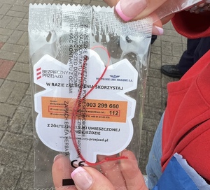 Policjanci ze strażnikami ochrony kolei rozmawiają z kierowcami, którzy zatrzymali się przed przejazdem kolejowym na zamkniętych rogatkach.