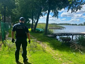 Policjant stoi na brzegu jeziora przy sieciach rybackich które leżą na trawie.
